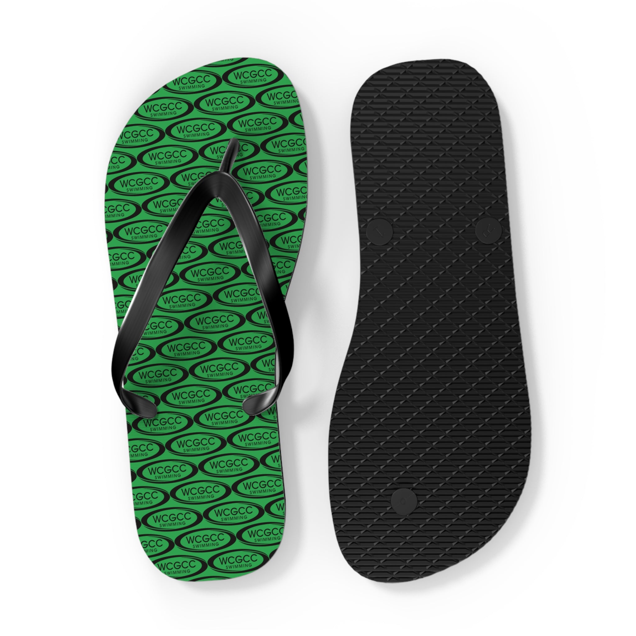 Green Patterned Flip Flops – Repeating Logo Beach Sandals