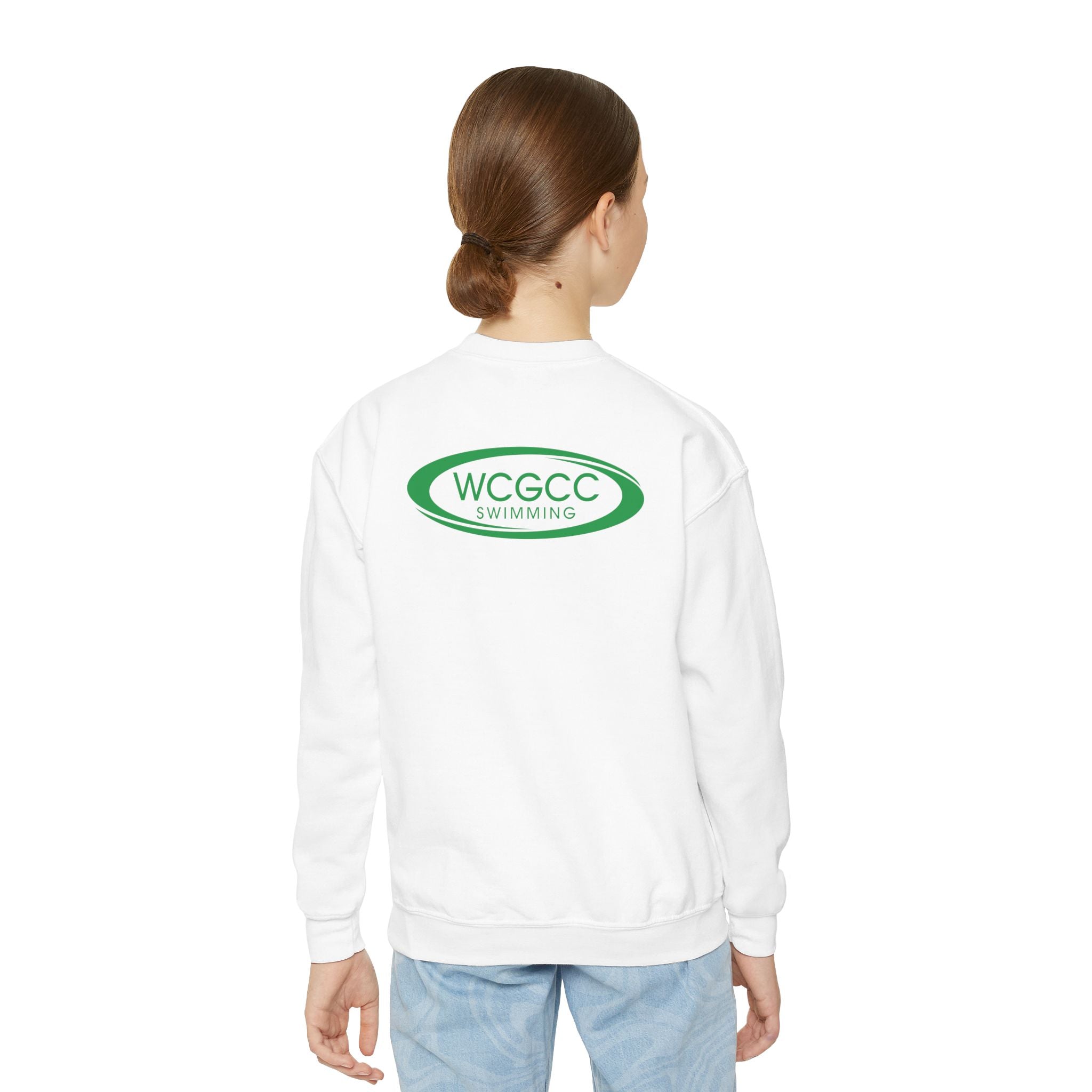 Youth Crewneck Sweatshirt - WCGCC Swimming Team Logo (White)