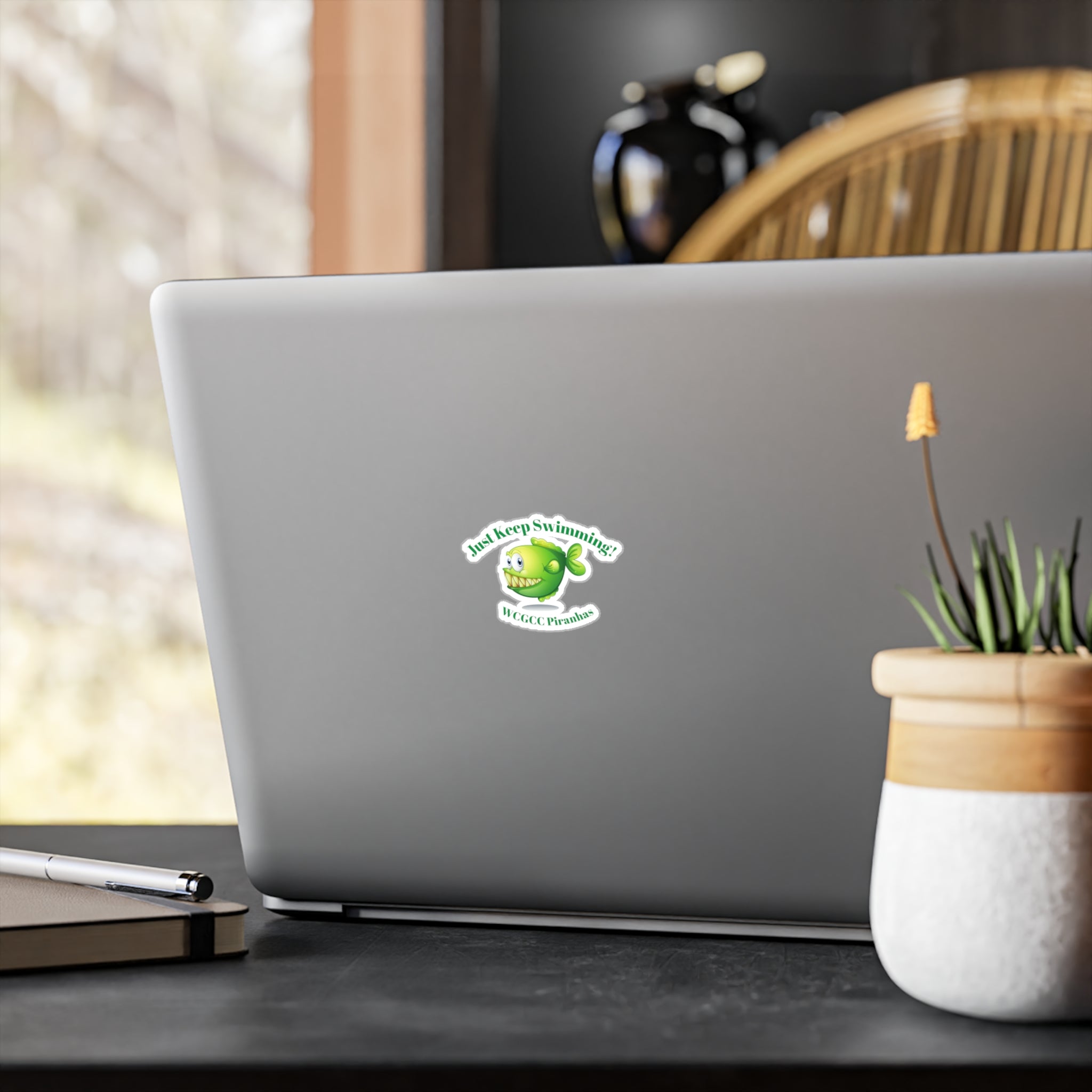 Water bottle sticker 'Just Keep Swimming!' WCGCC Piranhas Cute Green Fish Sticker