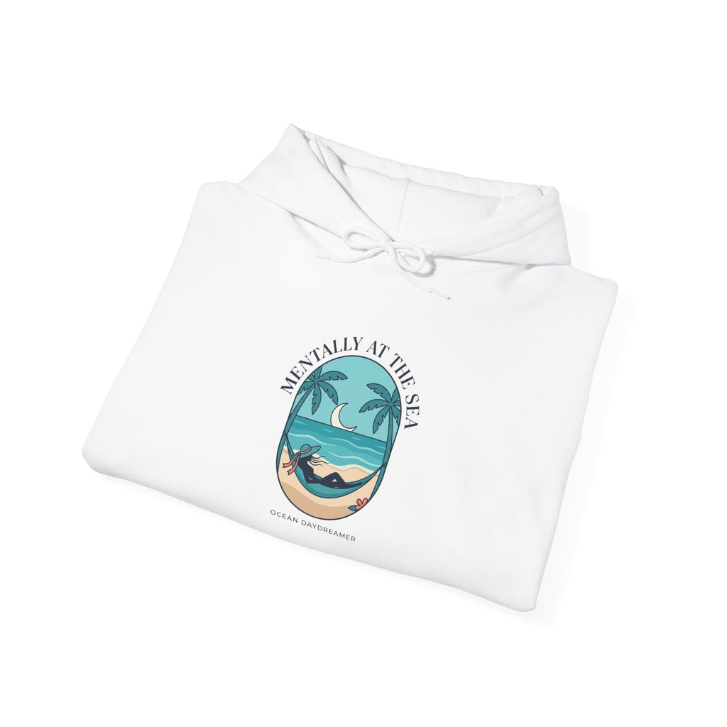 Coastal Escape Beach Scene Hoodie | Ocean Aesthetic, seafoam blue