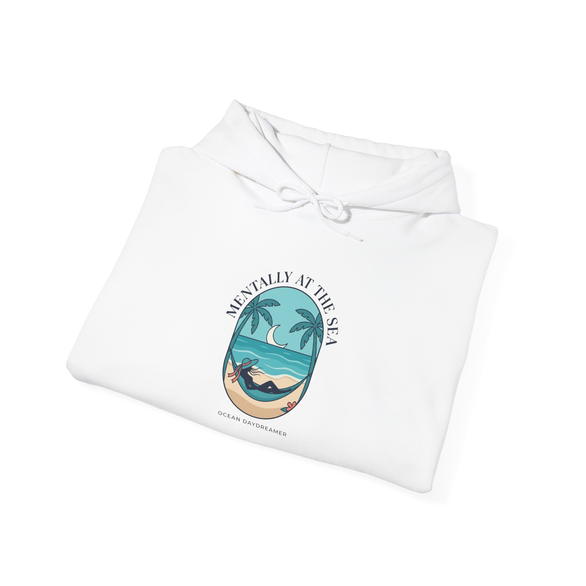 Coastal Escape Beach Scene Hoodie | Ocean Aesthetic, seafoam blue