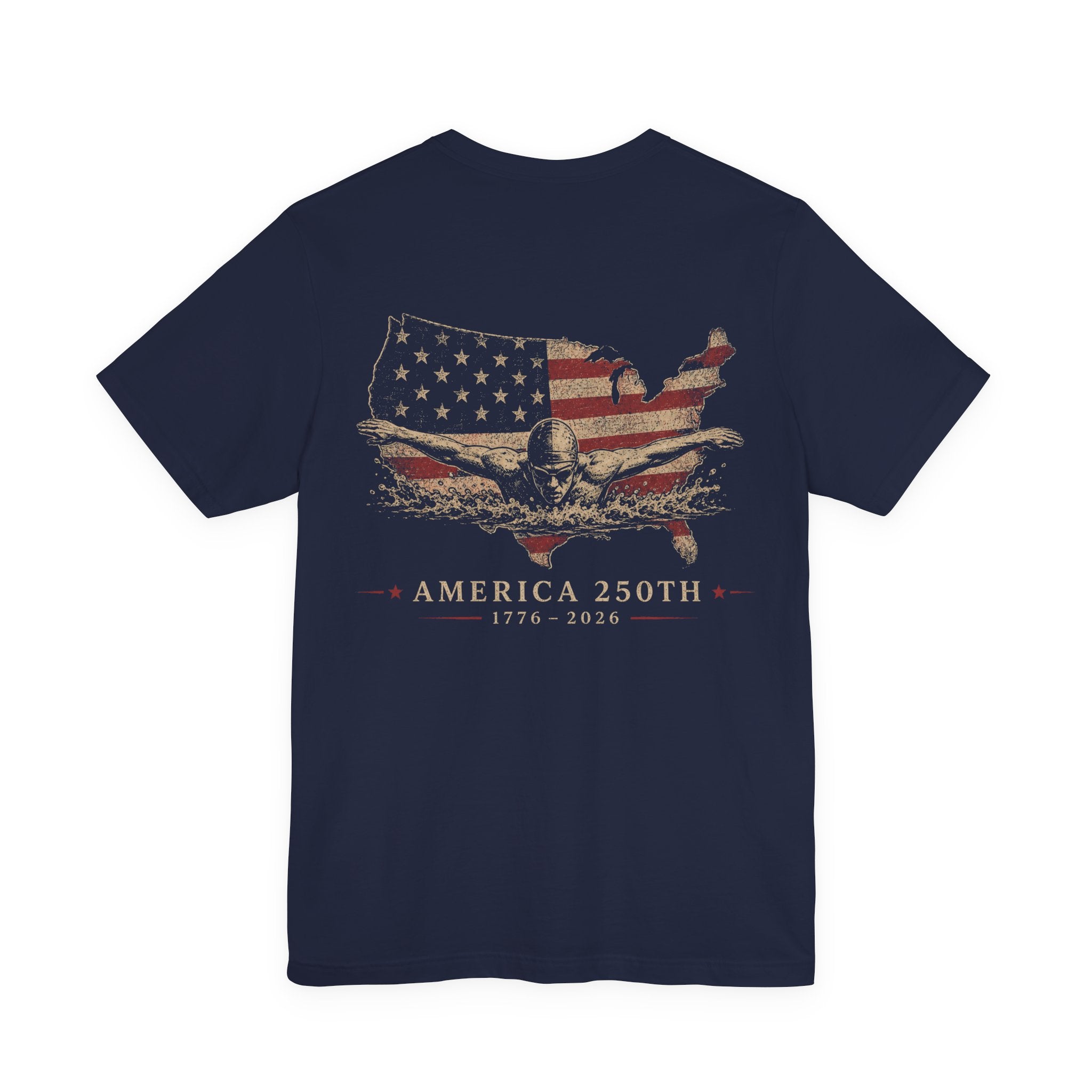 America 250th  Swim T-Shirt — Vintage Flag USA Map Tee (1776–2026)