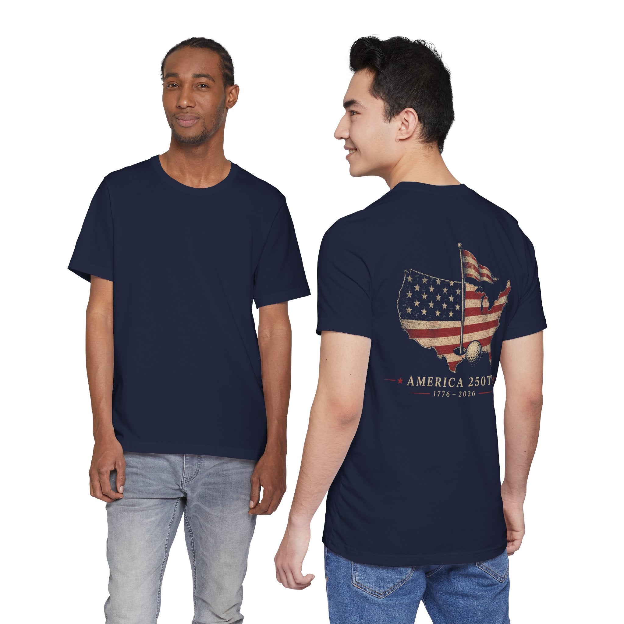 America 250th Commemorative Golf T-Shirt — USA Flag Map Graphic (1776–2026)