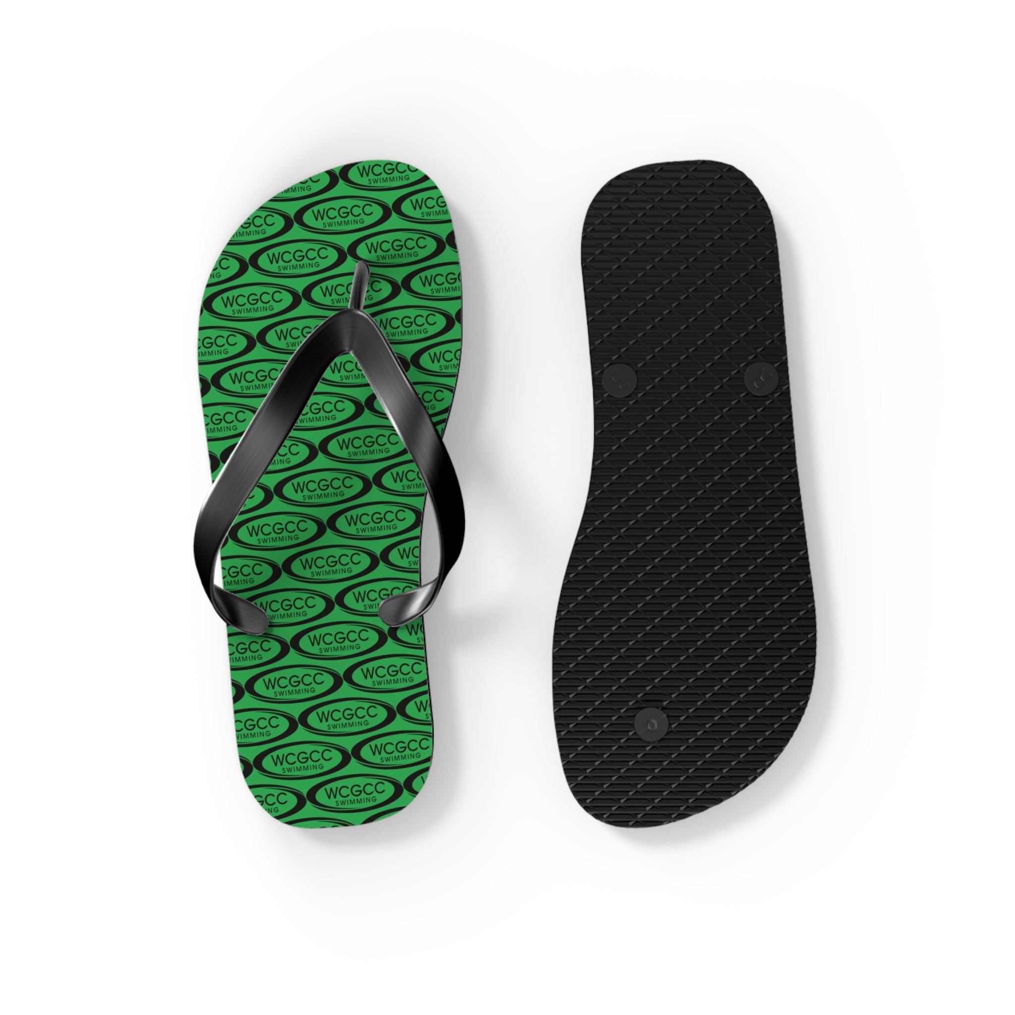 Green Patterned Flip Flops – Repeating Logo Beach Sandals