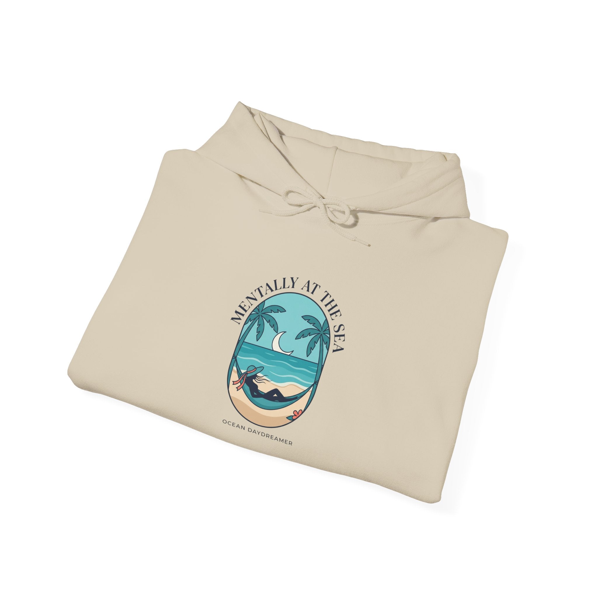 Coastal Escape Beach Scene Hoodie | Ocean Aesthetic, seafoam blue
