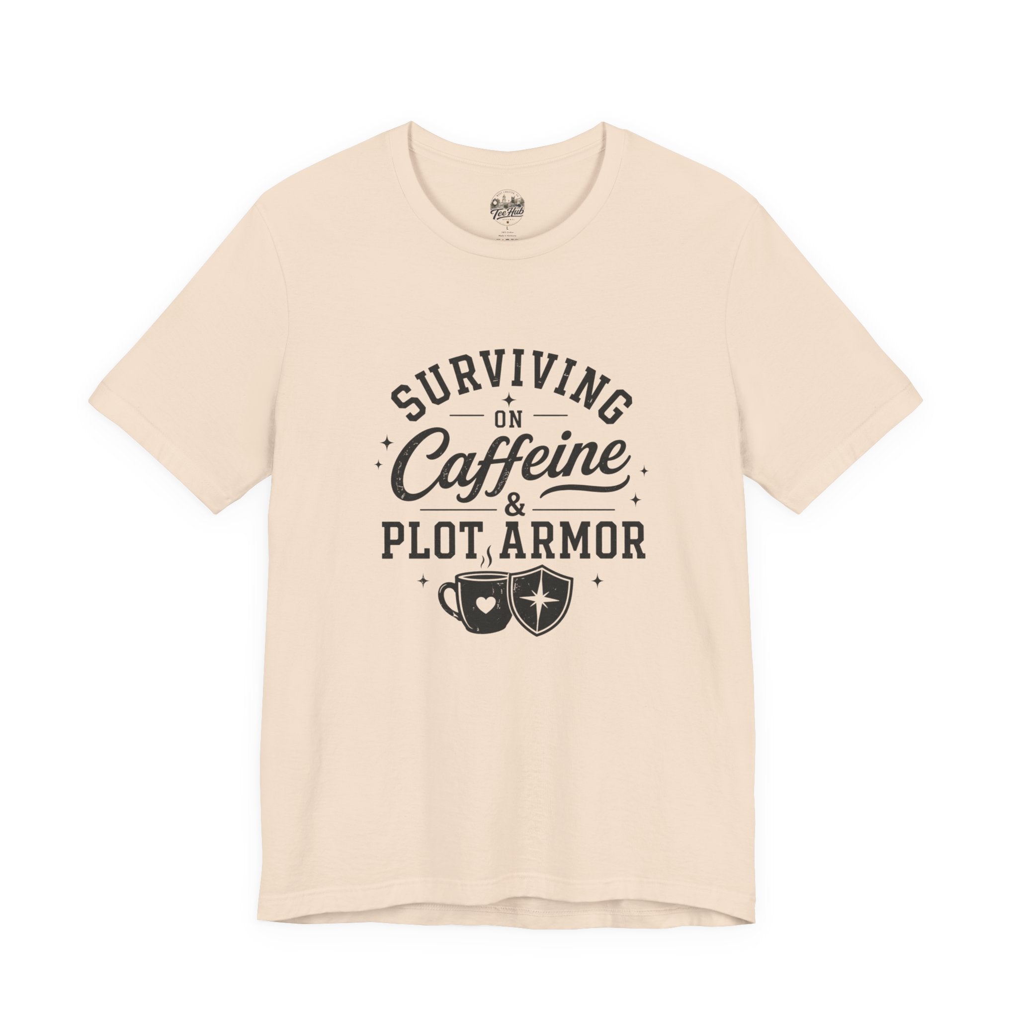 Surviving on Caffeine & Plot Armor T‑Shirt — Funny Writer Gamer Tee