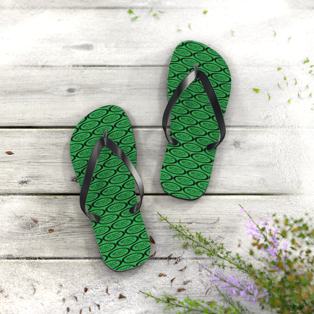 Green Patterned Flip Flops – Repeating Logo Beach Sandals
