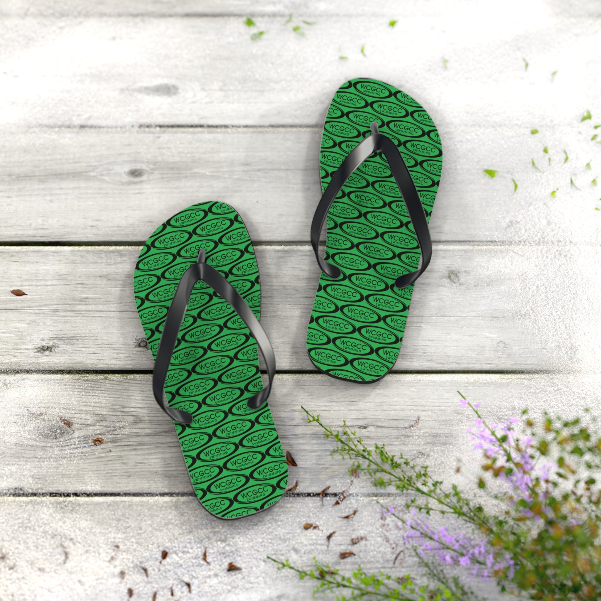 Green Patterned Flip Flops – Repeating Logo Beach Sandals