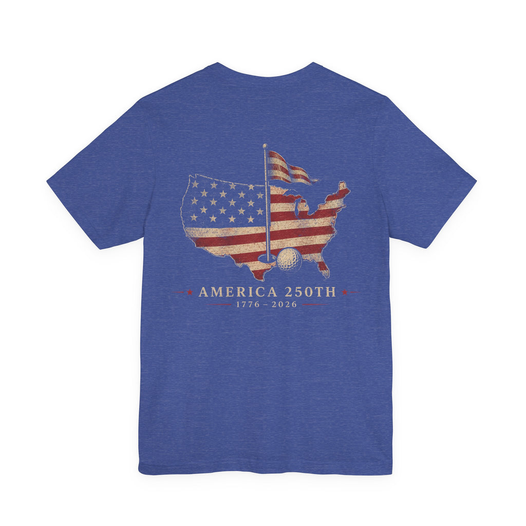 America 250th Commemorative Golf T-Shirt — USA Flag Map Graphic (1776–2026)