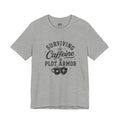 Surviving on Caffeine & Plot Armor T‑Shirt — Funny Writer Gamer Tee