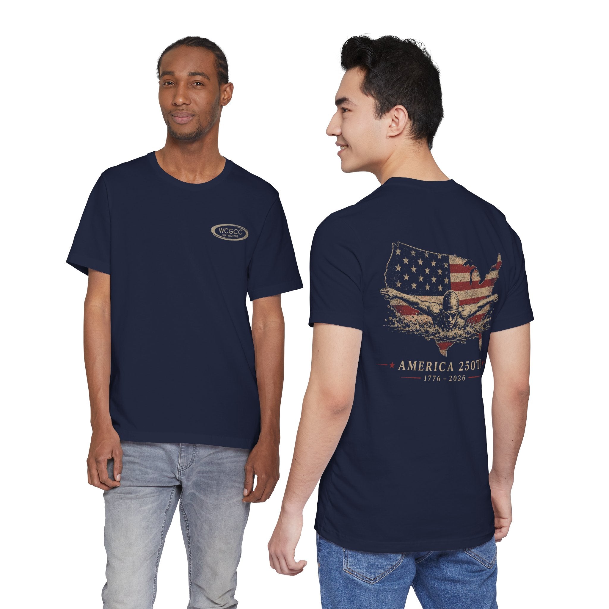 America 250th  Swim T-Shirt — Vintage Flag USA Map Tee (1776–2026)