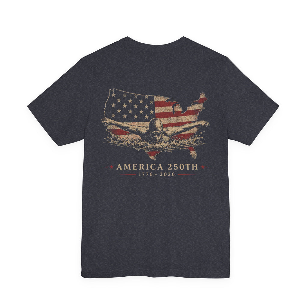 America 250th  Swim T-Shirt — Vintage Flag USA Map Tee (1776–2026)