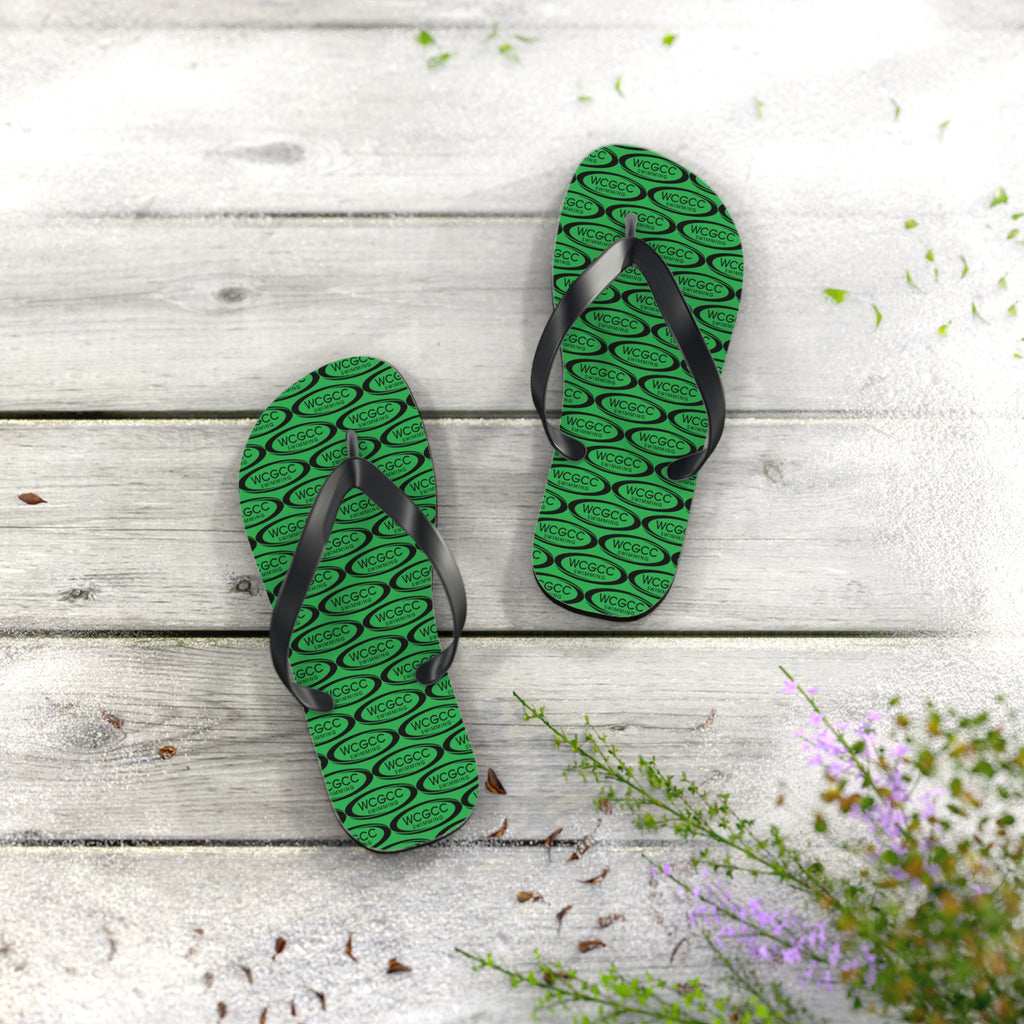 Green Patterned Flip Flops – Repeating Logo Beach Sandals