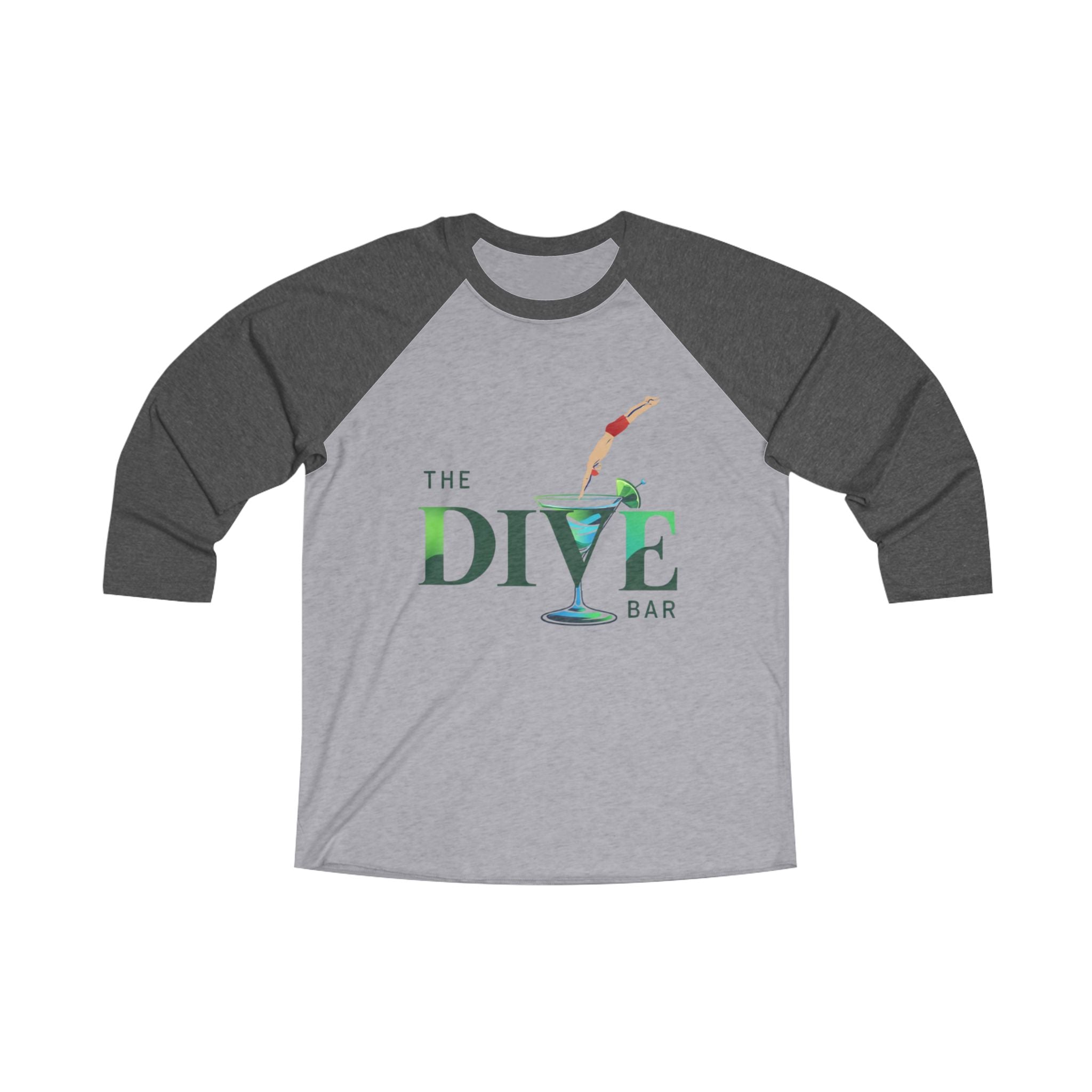 The Dive Bar Raglan Tee — Vintage Cocktail Logo 3/4 Sleeve Baseball Shirt