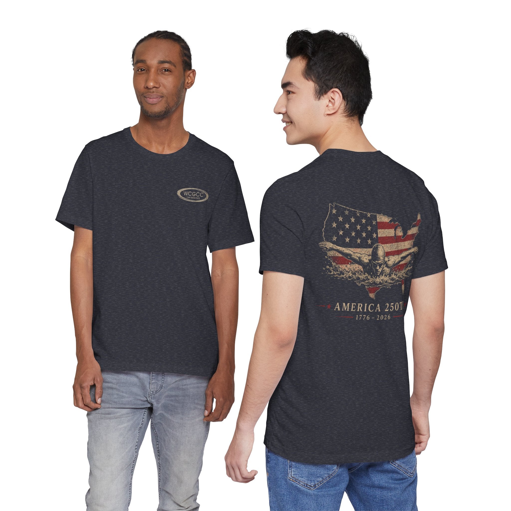 America 250th  Swim T-Shirt — Vintage Flag USA Map Tee (1776–2026)