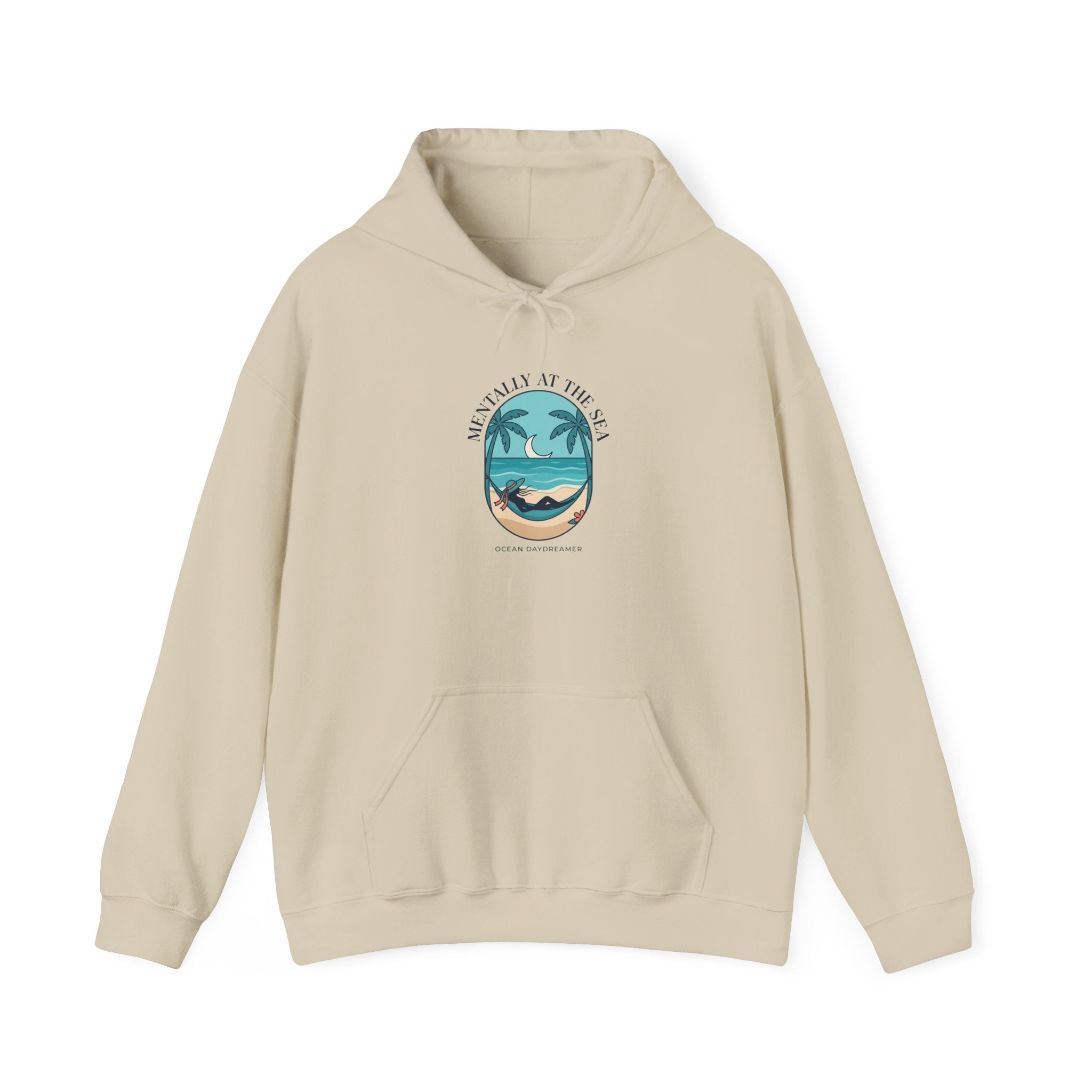 Coastal Escape Beach Scene Hoodie | Ocean Aesthetic, seafoam blue