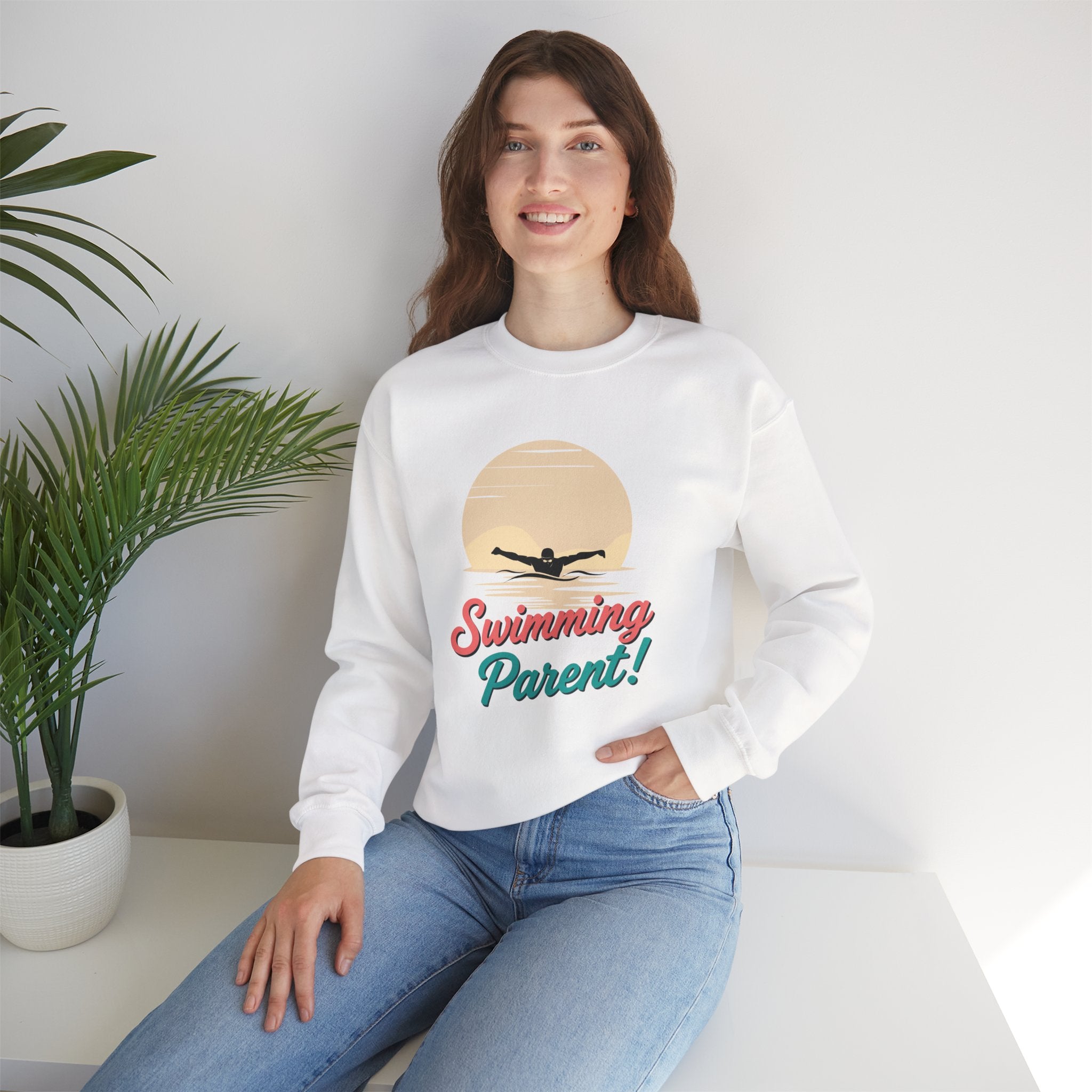 Swimming Parent Sweatshirt — Retro Swimmer Graphic Crewneck for Swim Moms & Dads