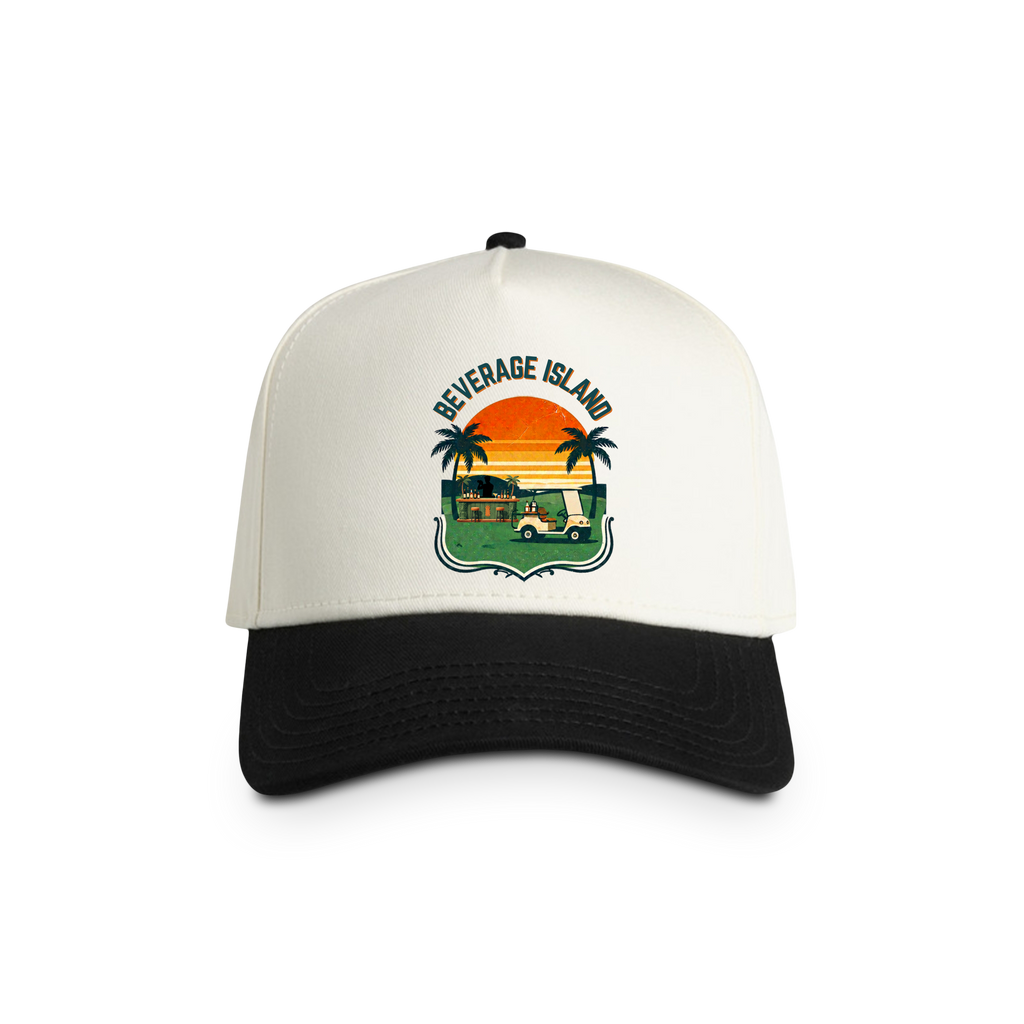 Beverage Island Two-Tone Trucker Cap — Retro Tropical Sunset Design