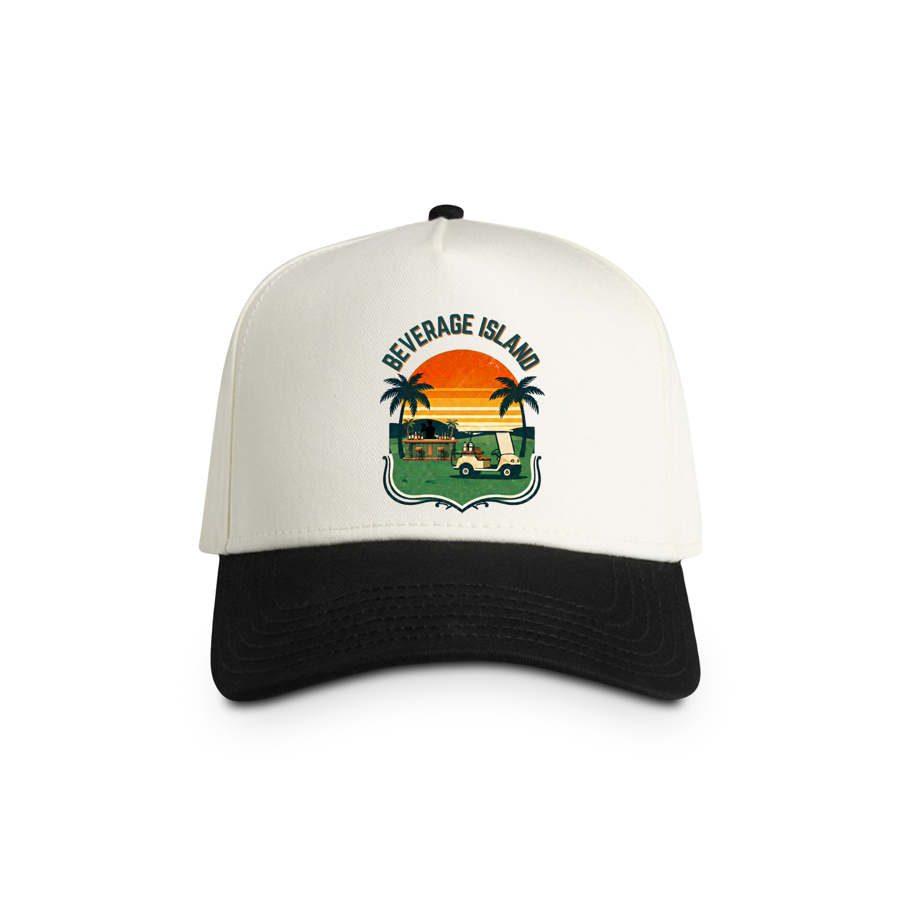 Beverage Island Two-Tone Trucker Cap — Retro Tropical Sunset Design