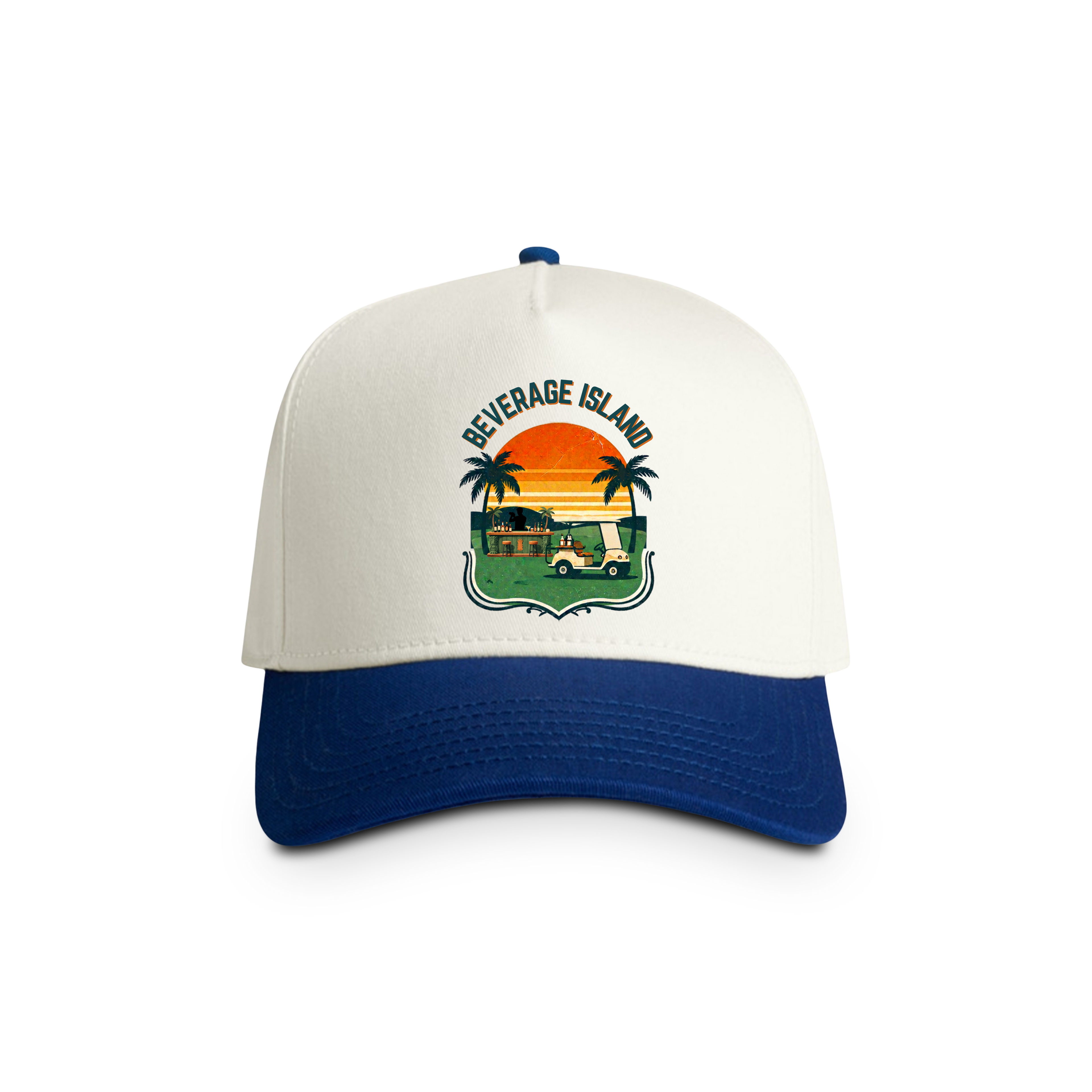 Beverage Island Two-Tone Trucker Cap — Retro Tropical Sunset Design