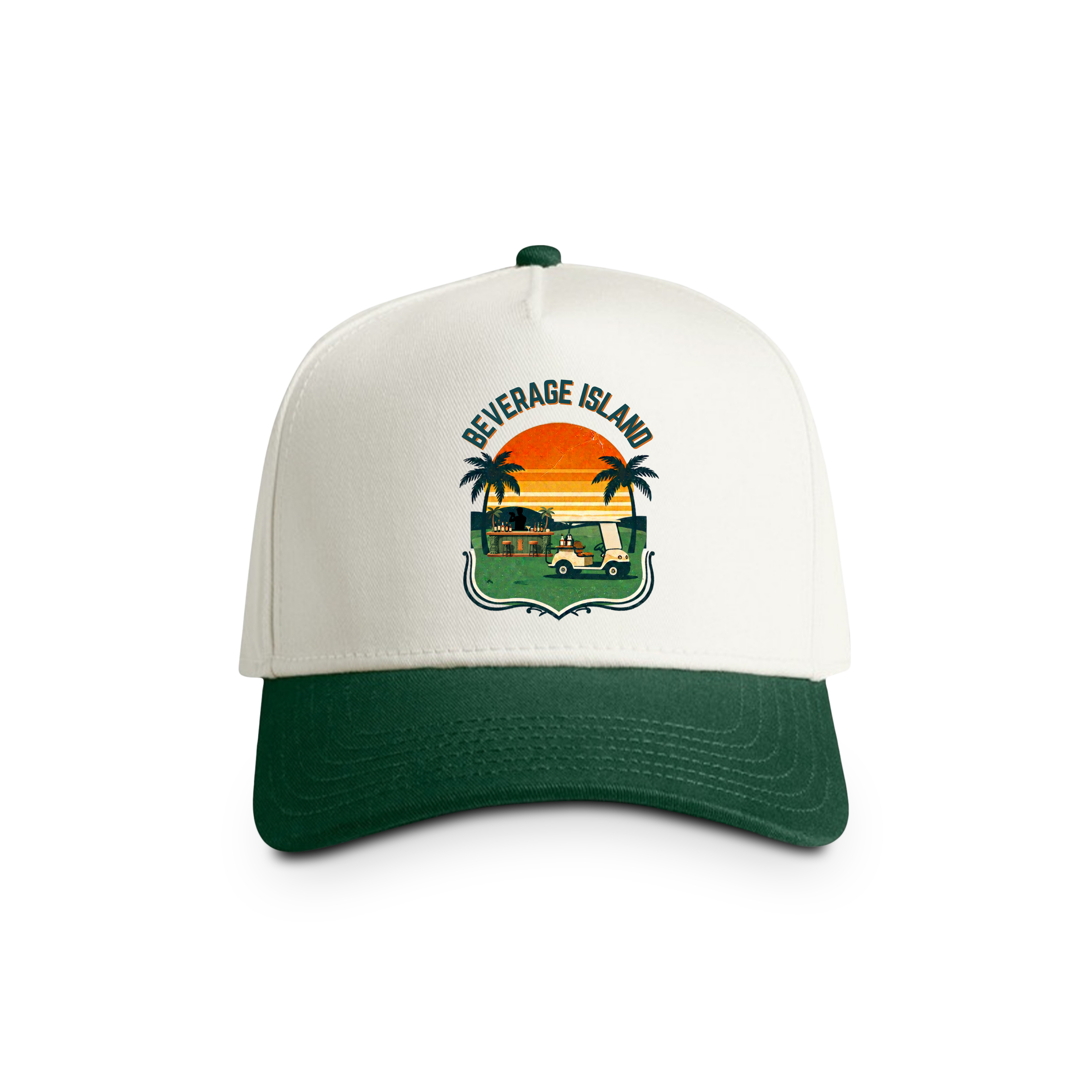 Beverage Island Two-Tone Trucker Cap — Retro Tropical Sunset Design