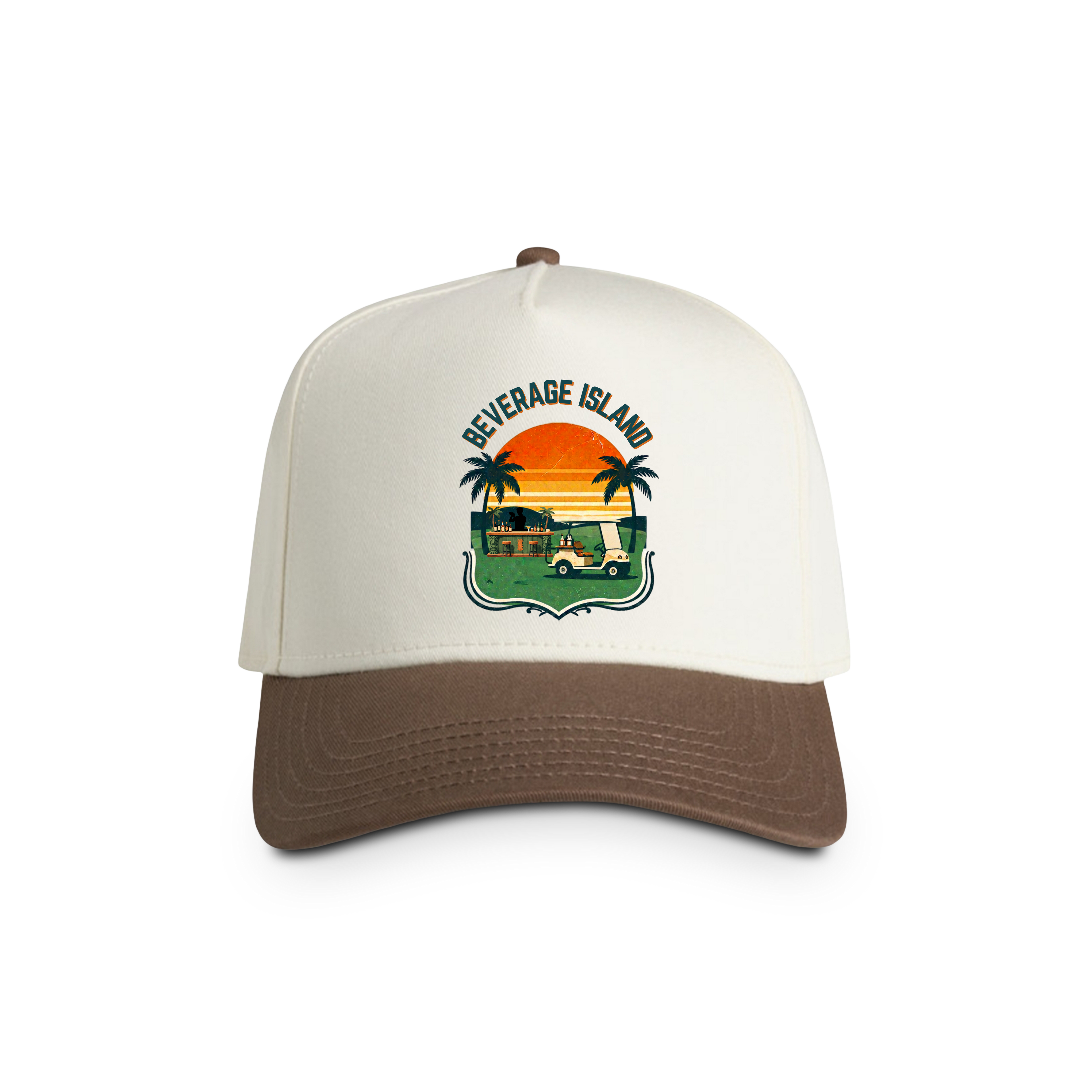 Beverage Island Two-Tone Trucker Cap — Retro Tropical Sunset Design