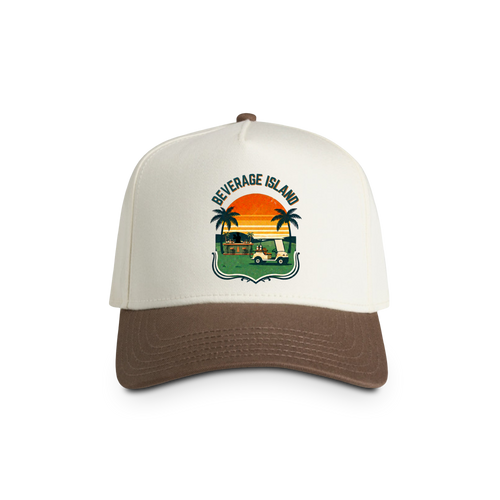 Beverage Island Two-Tone Trucker Cap — Retro Tropical Sunset Design