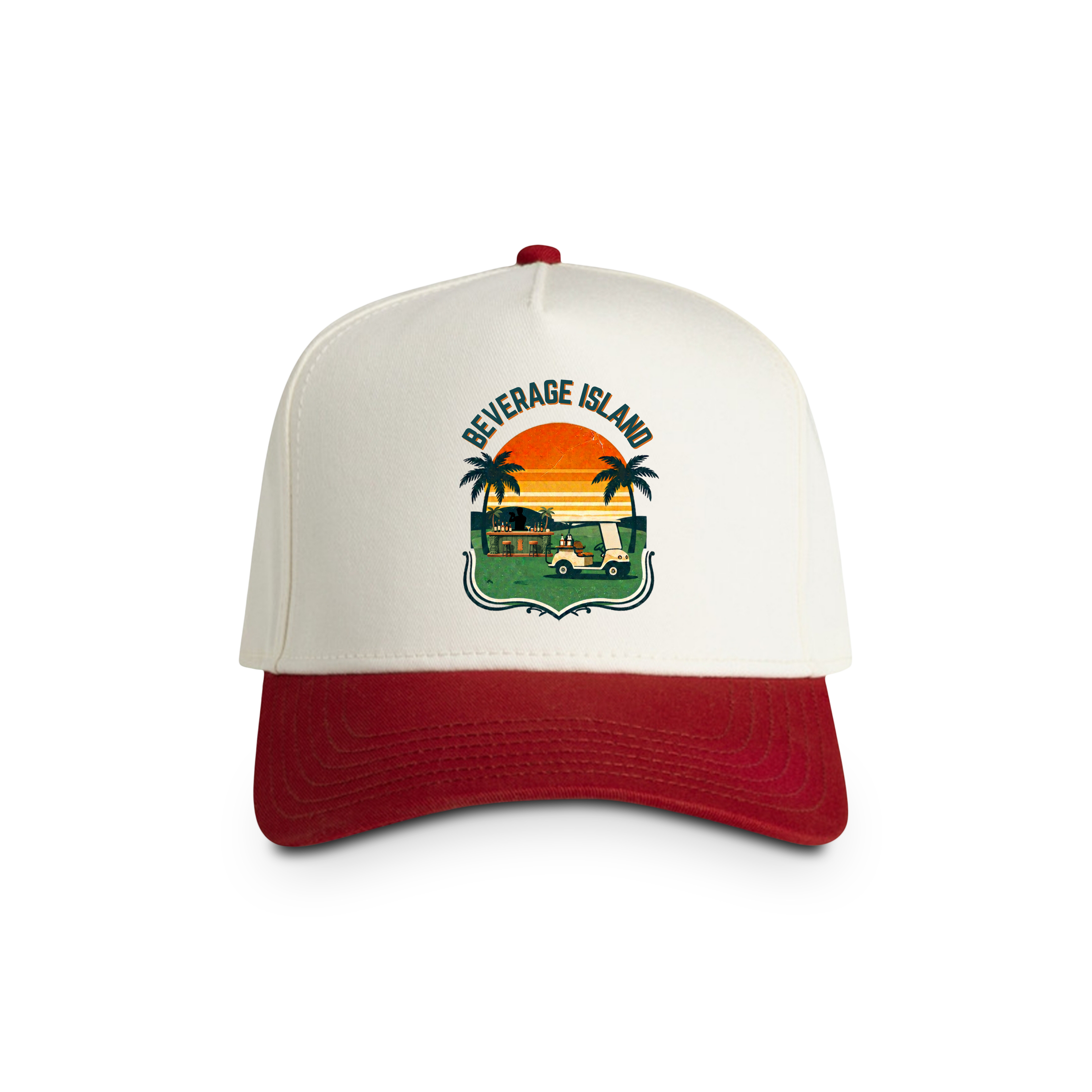 Beverage Island Two-Tone Trucker Cap — Retro Tropical Sunset Design