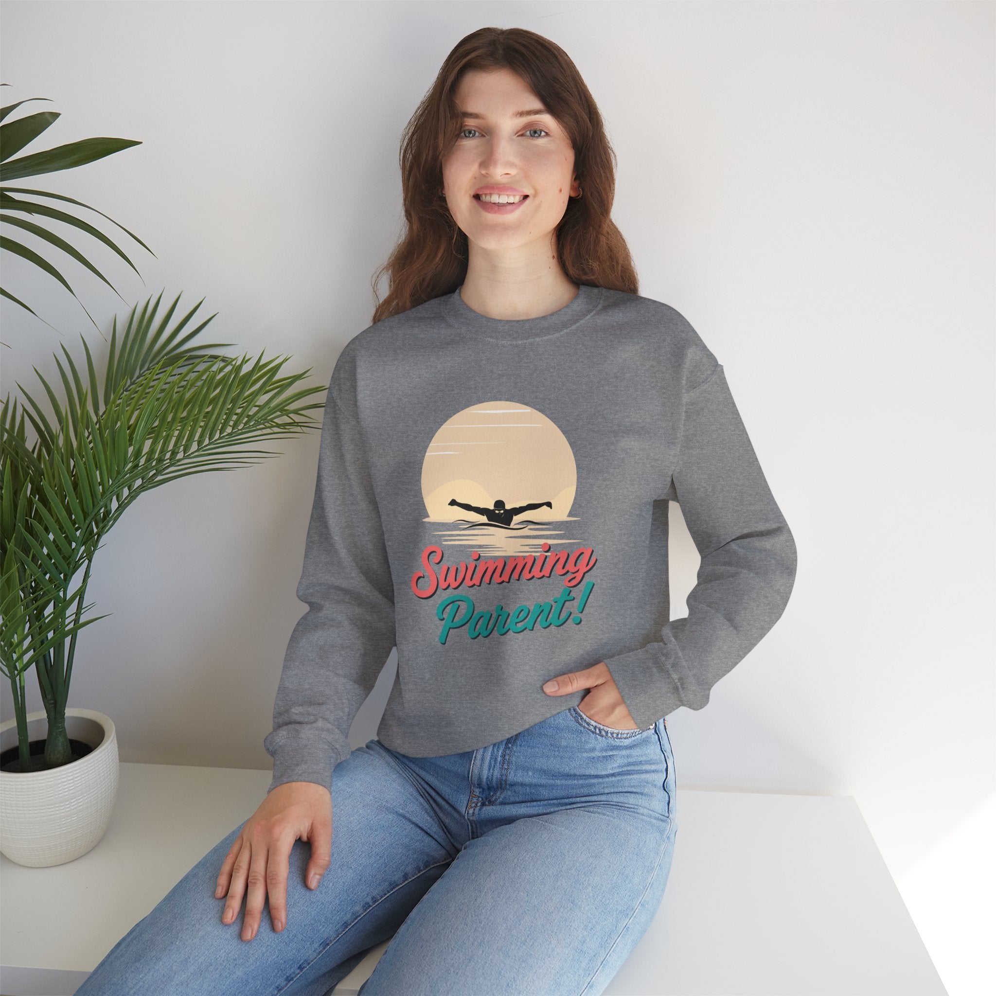 Swimming Parent Sweatshirt — Retro Swimmer Graphic Crewneck for Swim Moms & Dads