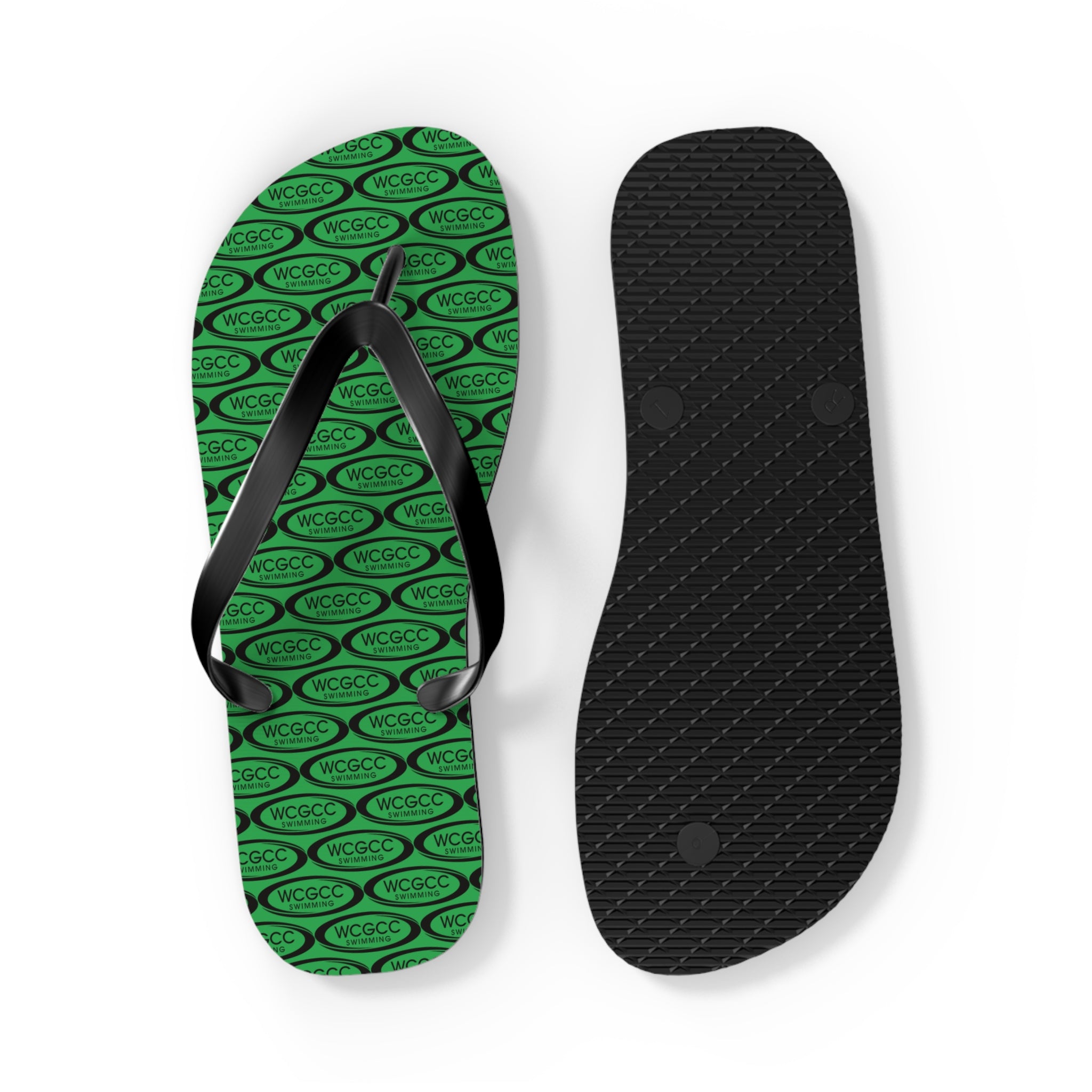 Green Patterned Flip Flops – Repeating Logo Beach Sandals