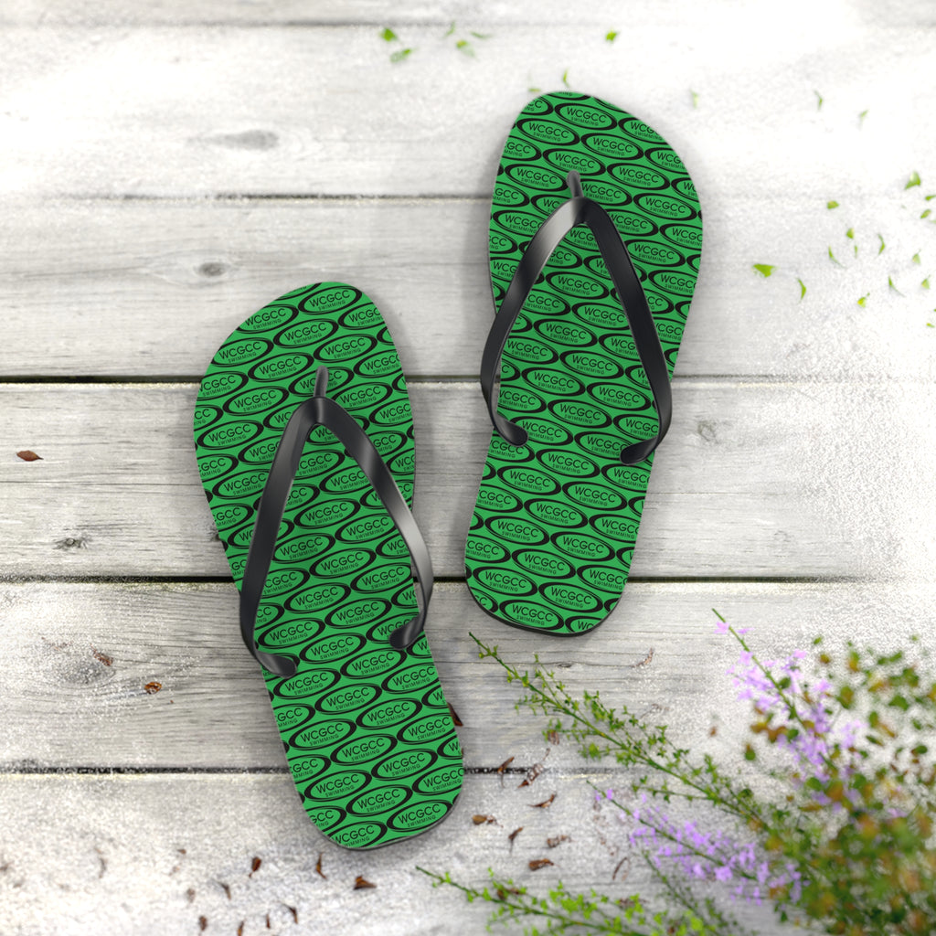 Green Patterned Flip Flops – Repeating Logo Beach Sandals