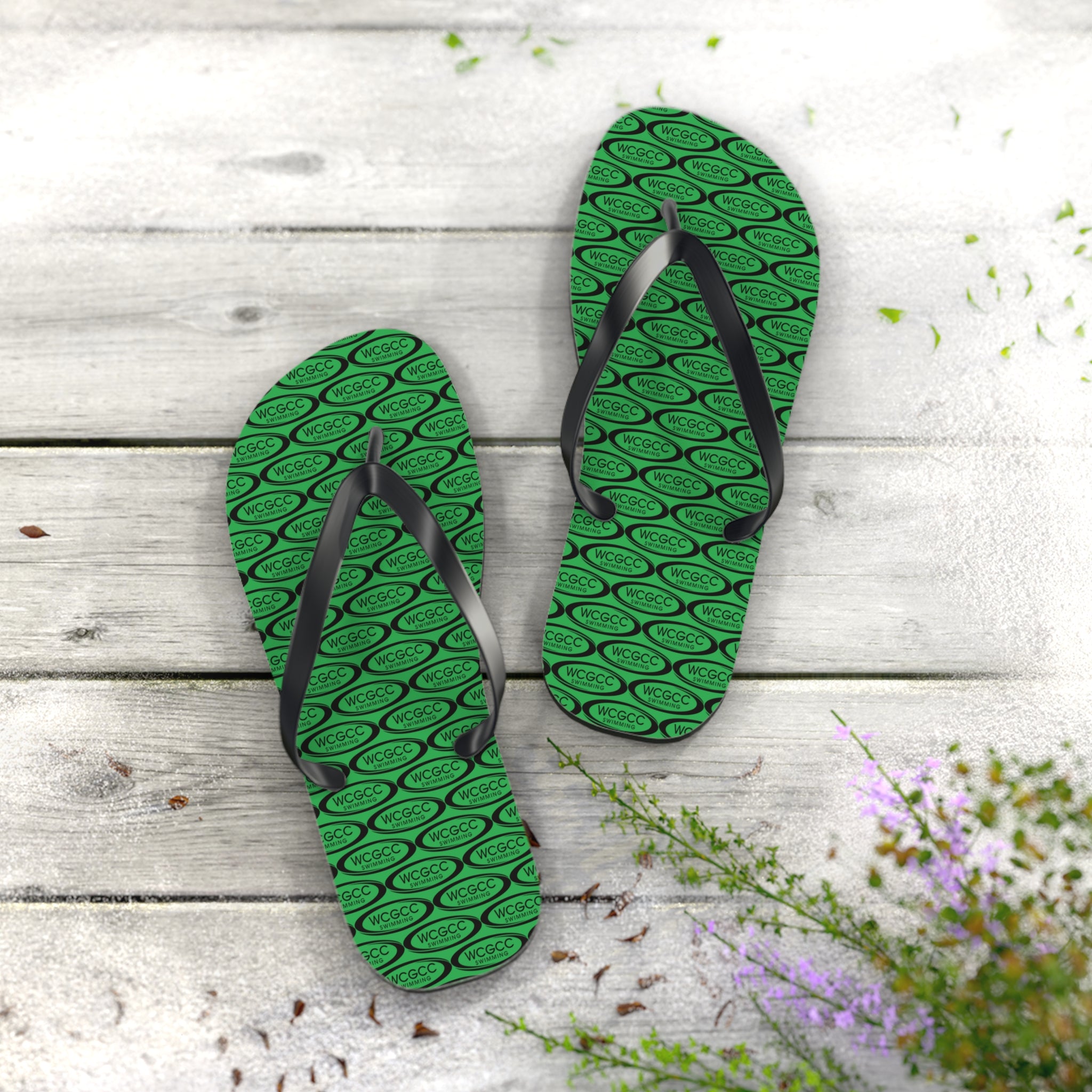 Green Patterned Flip Flops – Repeating Logo Beach Sandals