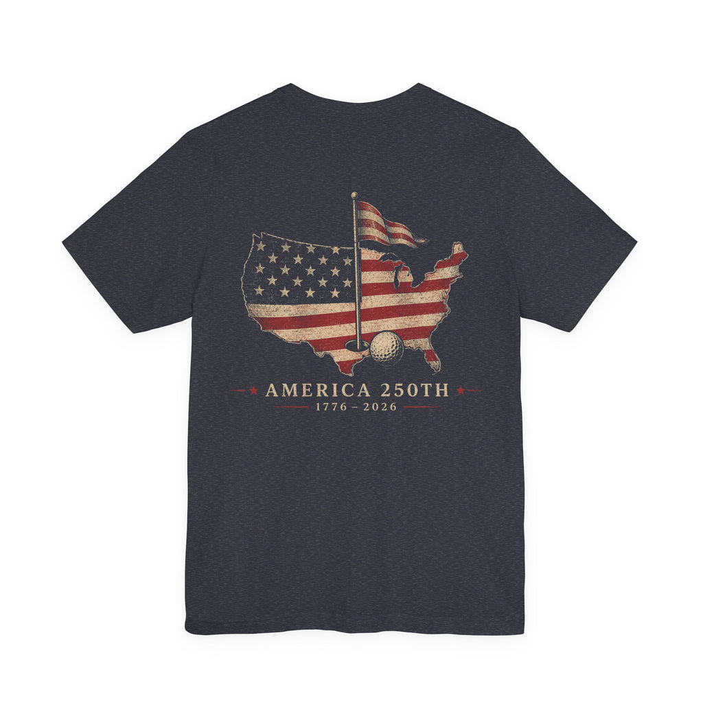 America 250th Commemorative Golf T-Shirt — USA Flag Map Graphic (1776–2026)