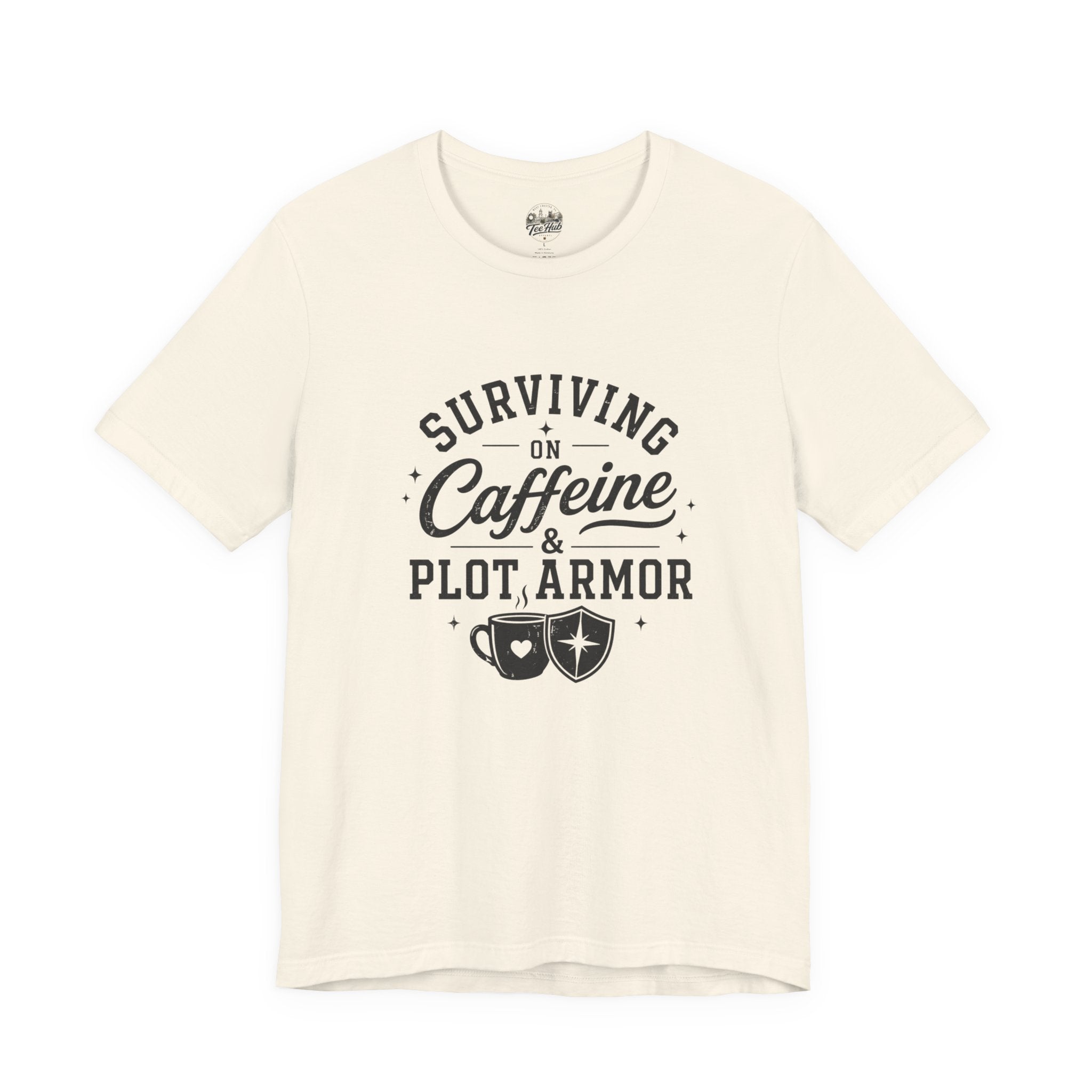 Surviving on Caffeine & Plot Armor T‑Shirt — Funny Writer Gamer Tee