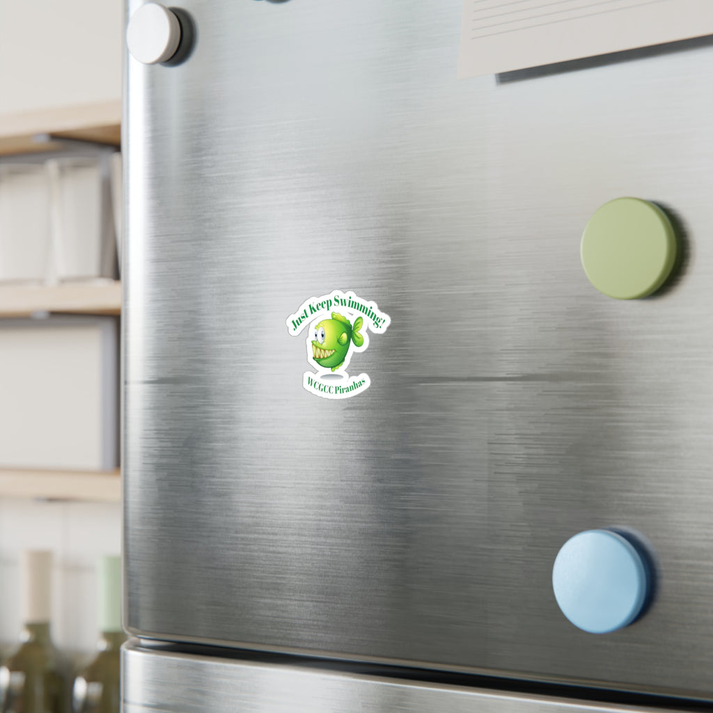 Water bottle sticker 'Just Keep Swimming!' WCGCC Piranhas Cute Green Fish Sticker