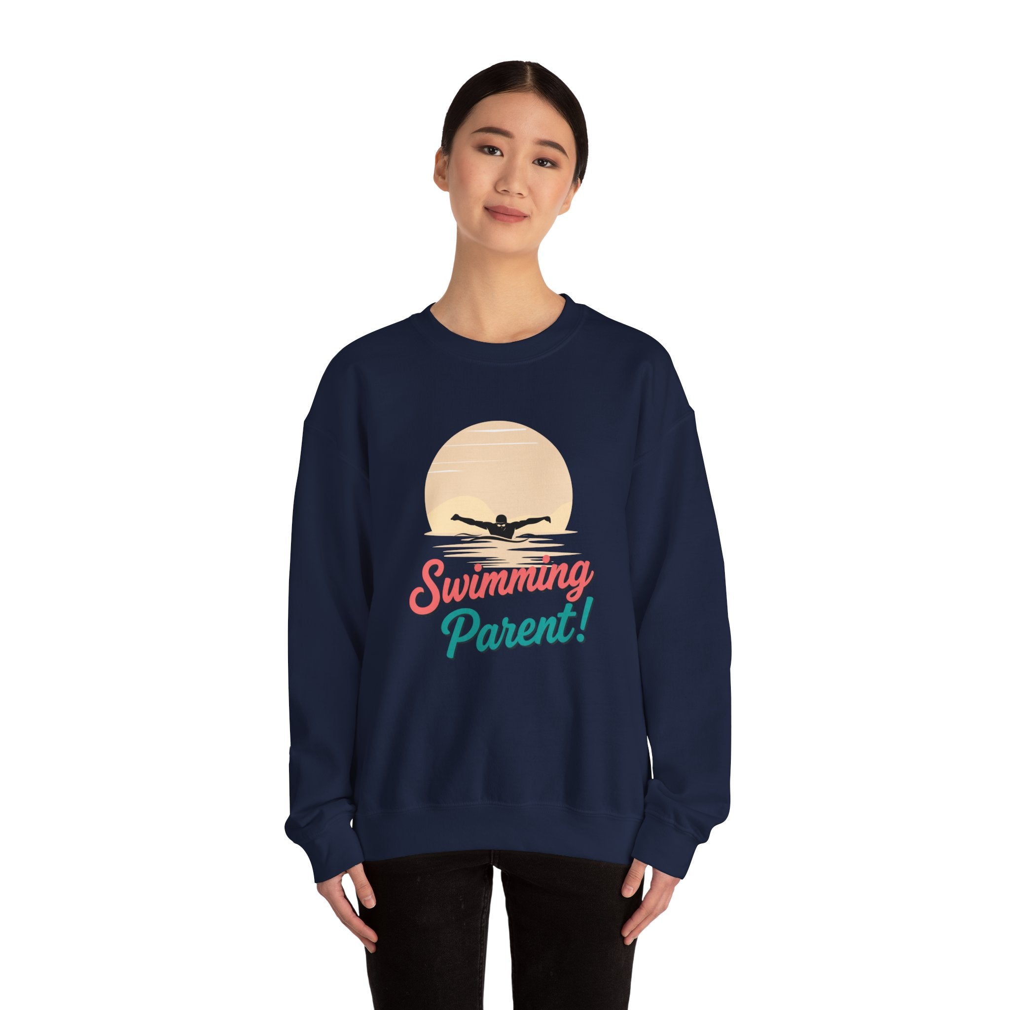 Swimming Parent Sweatshirt — Retro Swimmer Graphic Crewneck for Swim Moms & Dads