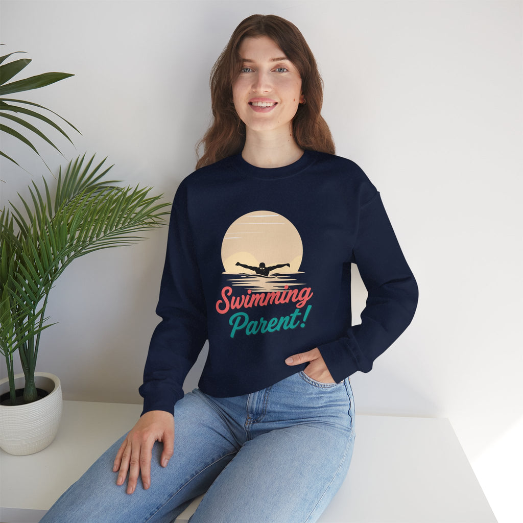 Swimming Parent Sweatshirt — Retro Swimmer Graphic Crewneck for Swim Moms & Dads