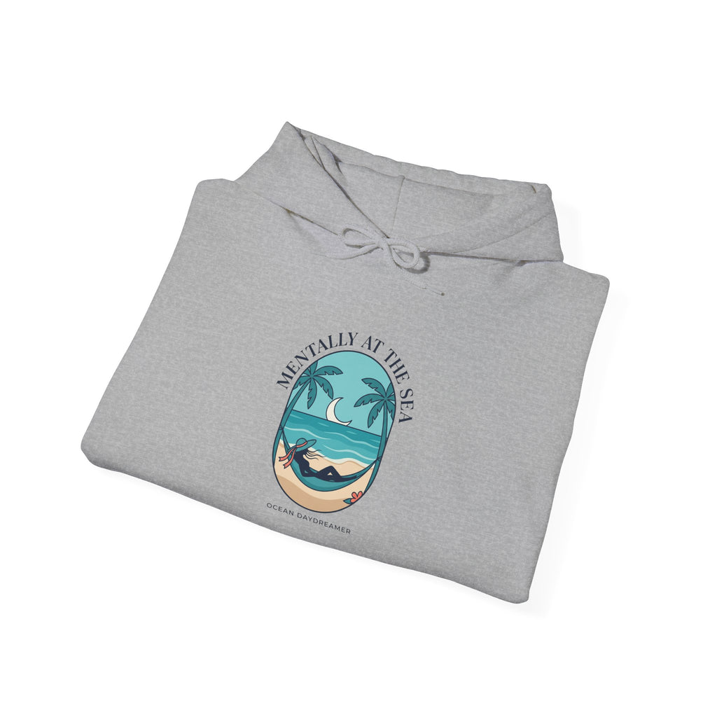 Coastal Escape Beach Scene Hoodie | Ocean Aesthetic, seafoam blue