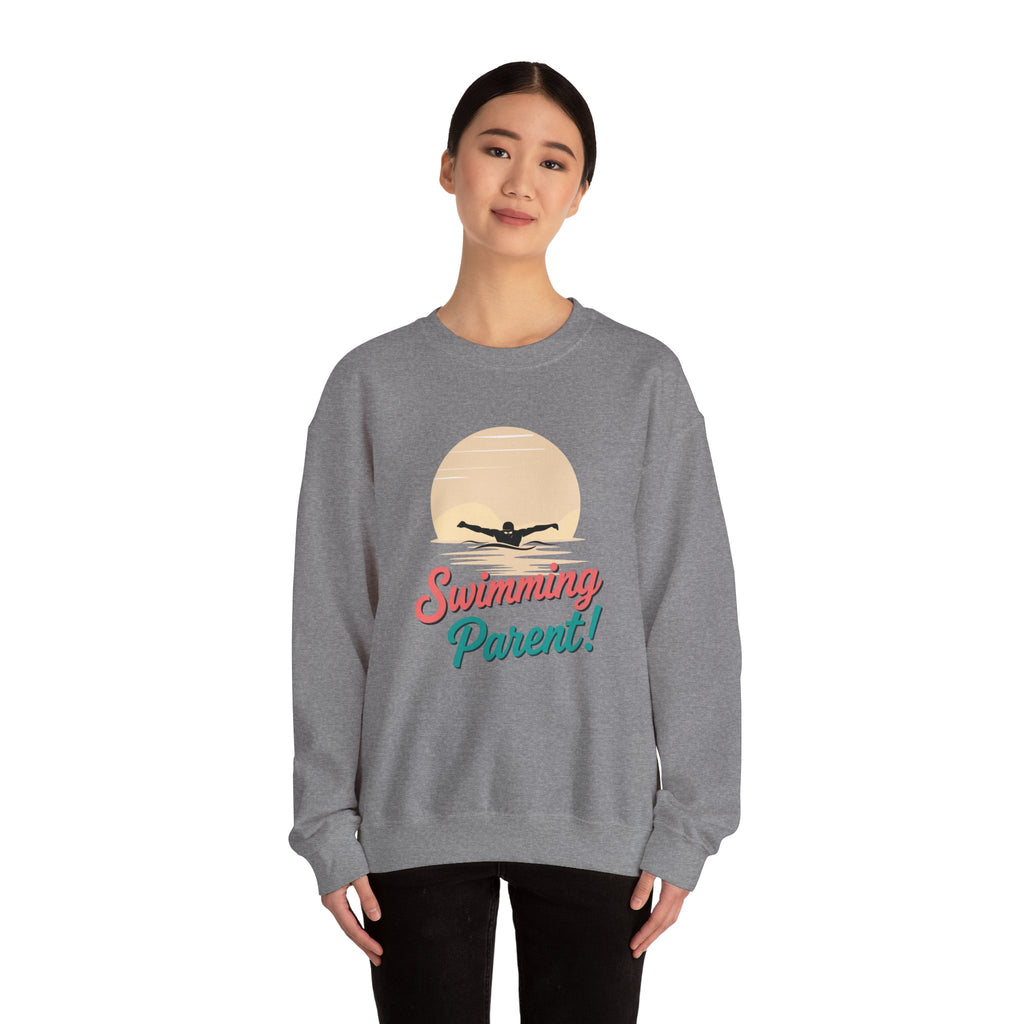 Swimming Parent Sweatshirt — Retro Swimmer Graphic Crewneck for Swim Moms & Dads