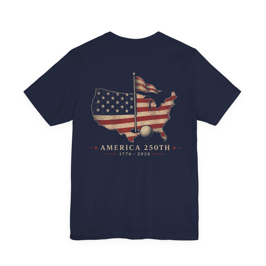 America 250th Commemorative Golf T-Shirt — USA Flag Map Graphic (1776–2026)