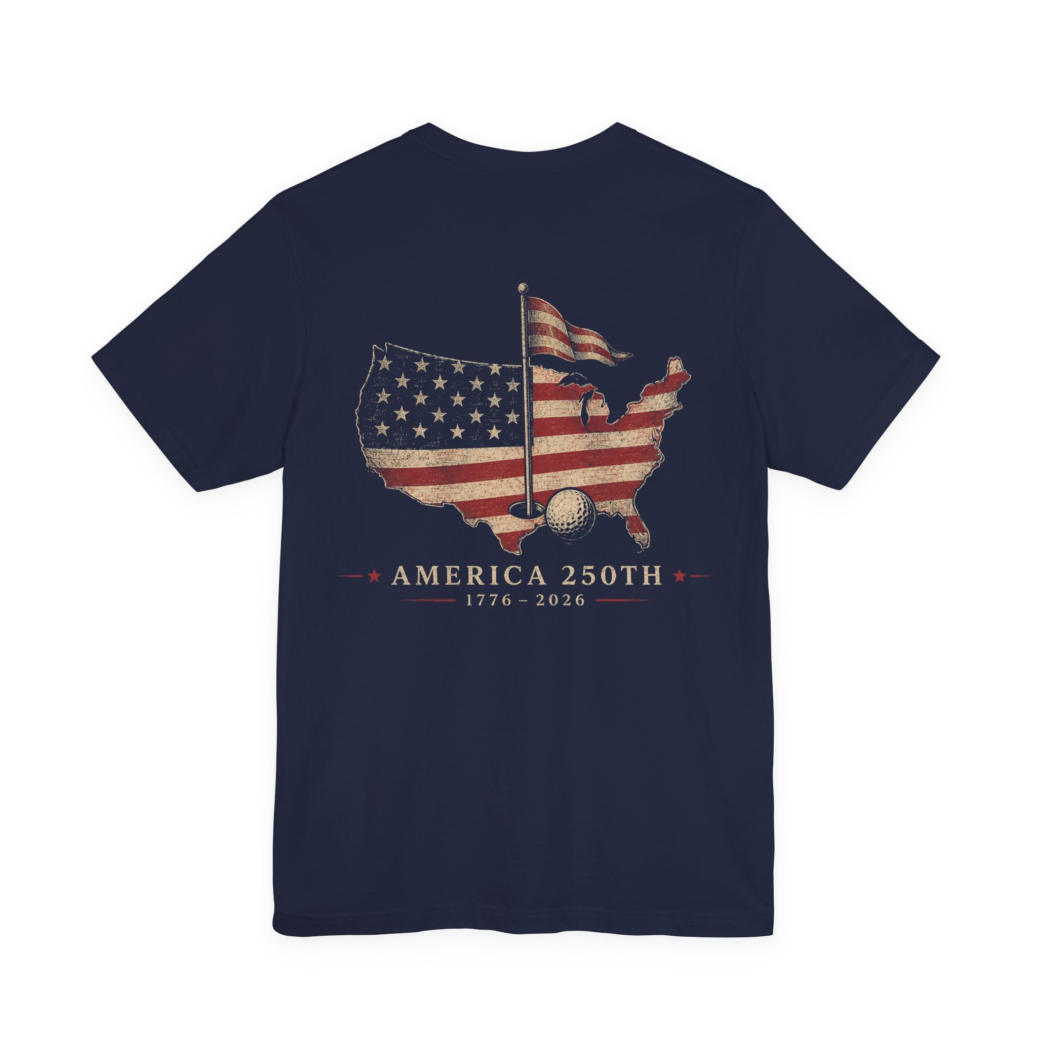 America 250th Commemorative Golf T-Shirt — USA Flag Map Graphic (1776–2026)