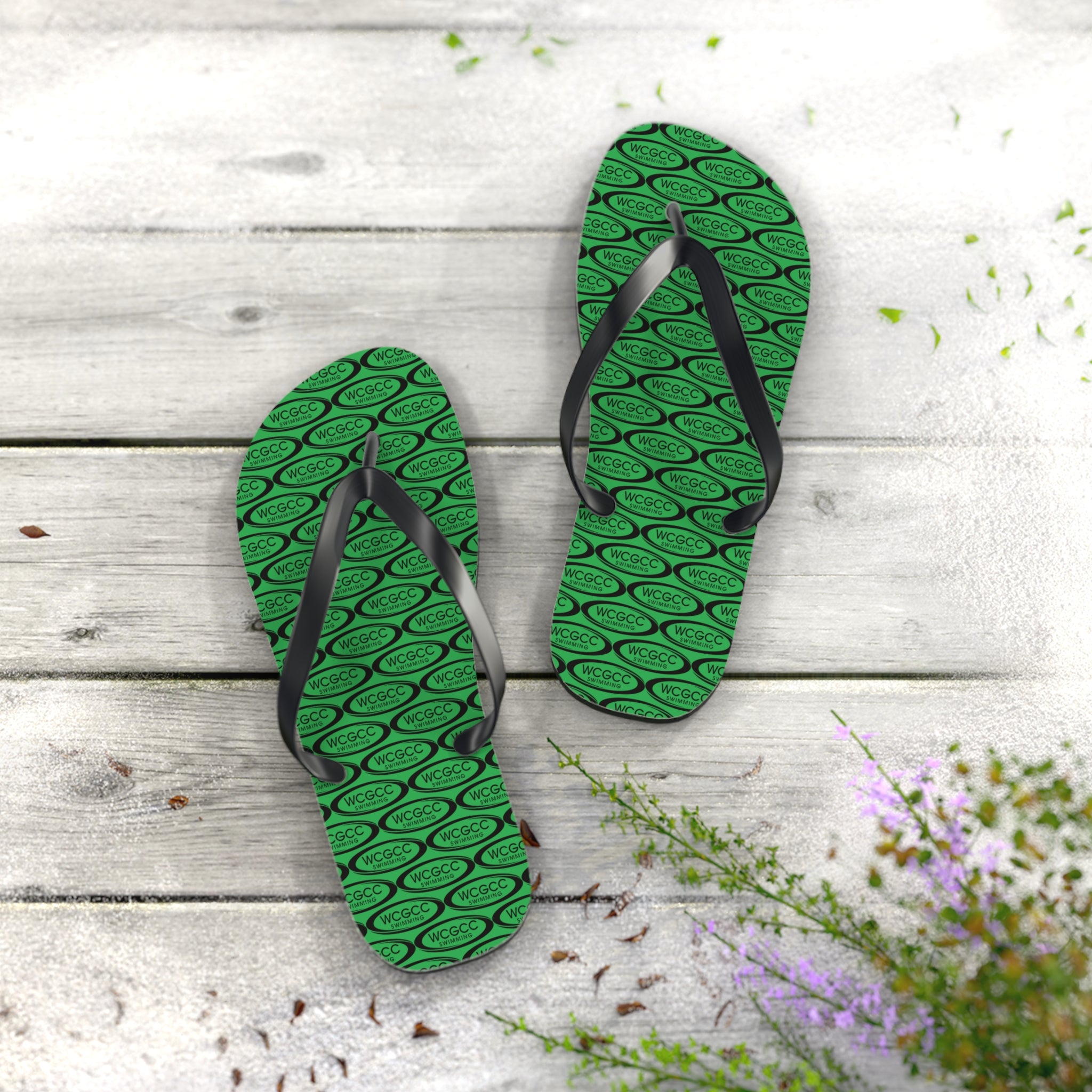 Green Patterned Flip Flops – Repeating Logo Beach Sandals