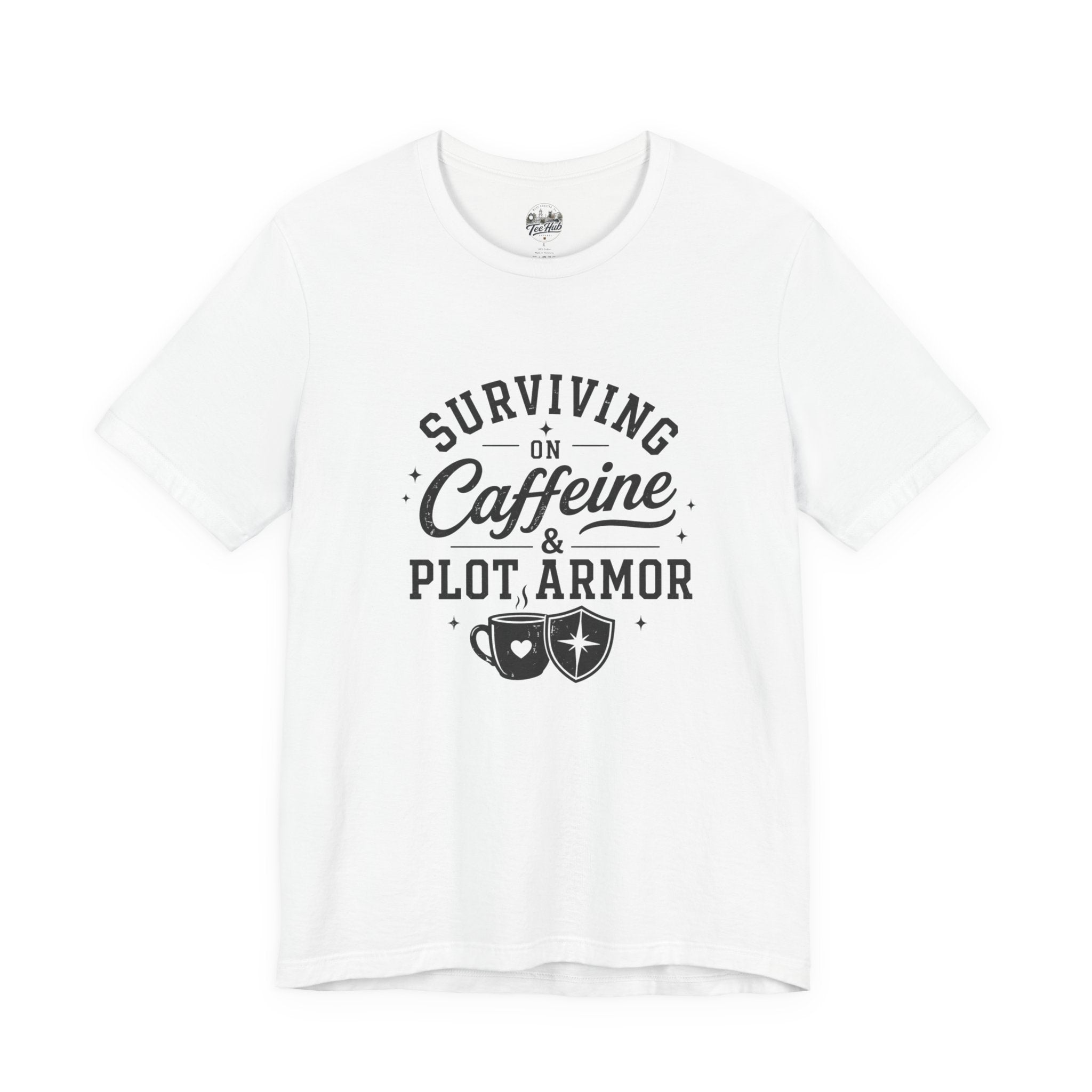 Surviving on Caffeine & Plot Armor T‑Shirt — Funny Writer Gamer Tee
